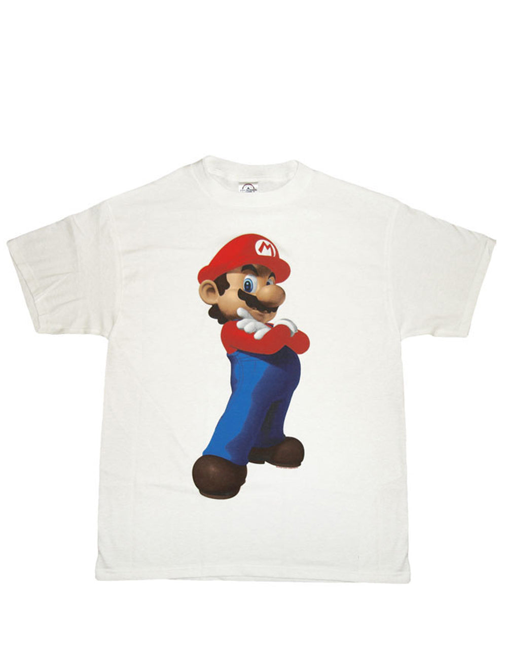 Nintendo heroic Mario graphic on a white adult t-shirt.