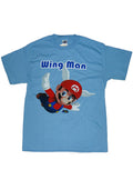 Mario wing man graphic on a blue adult t-shirt.