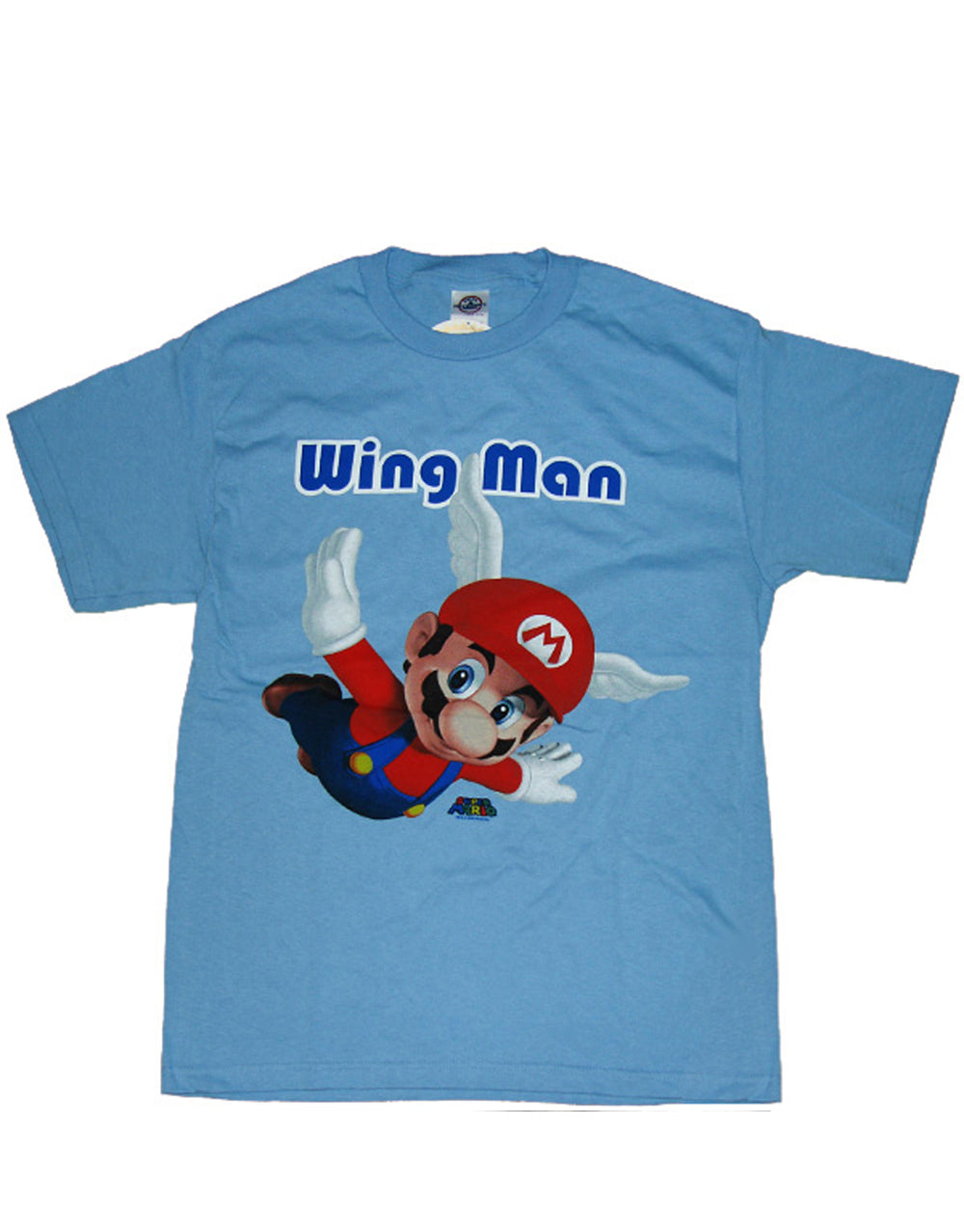 Mario wing man graphic on a blue adult t-shirt.