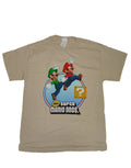 New Super Mario Bros graphic on a beige adult t-shirt.