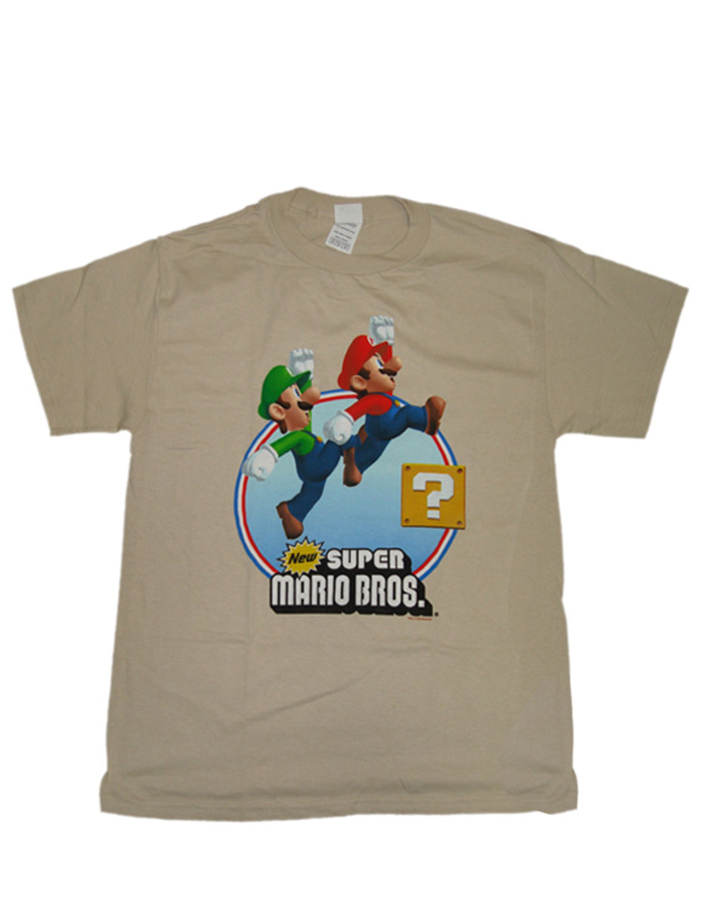New Super Mario Bros graphic on a beige adult t-shirt.
