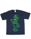 Luigi green line art graphic on a navy blue adult t-shirt.