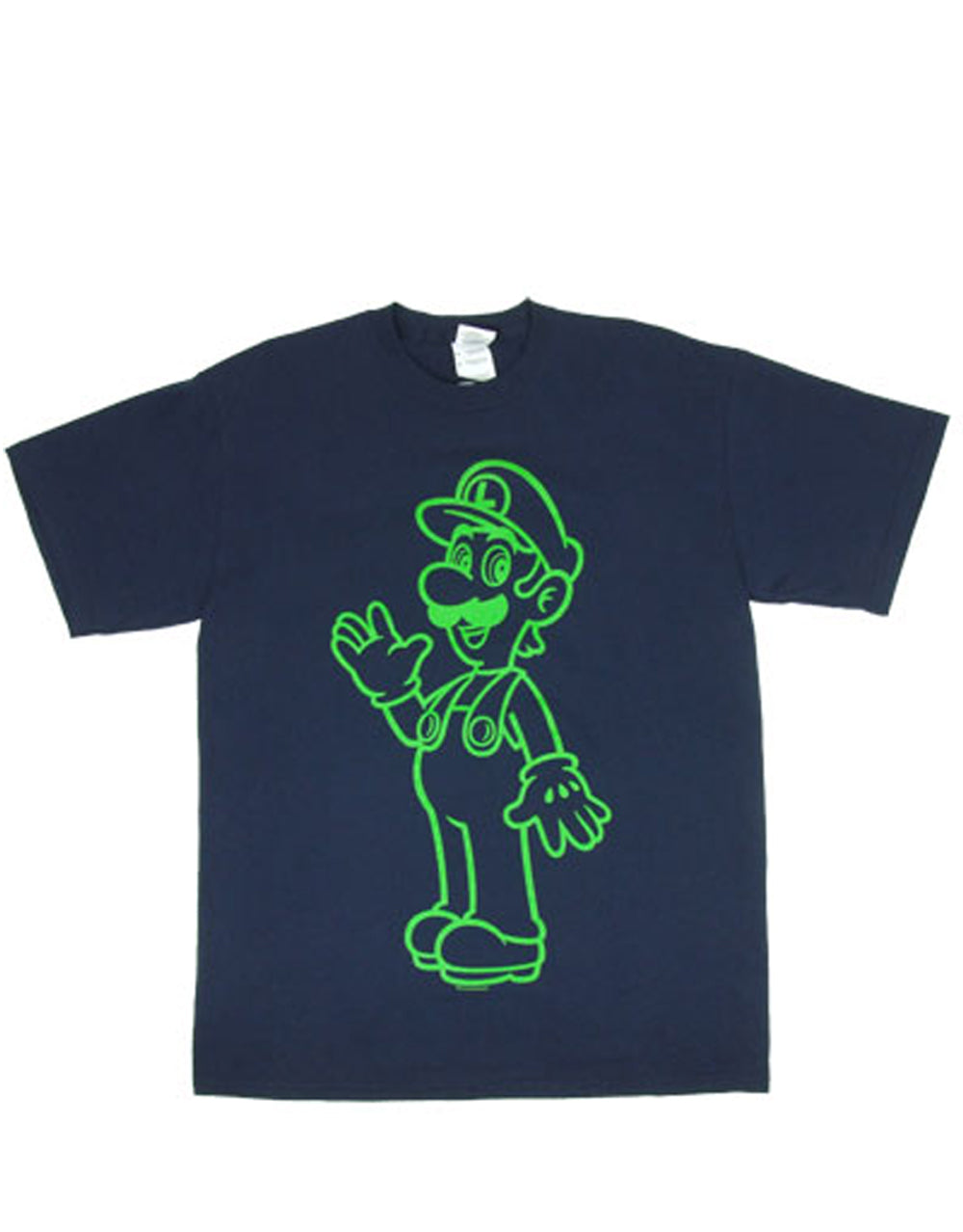 Luigi green line art graphic on a navy blue adult t-shirt.