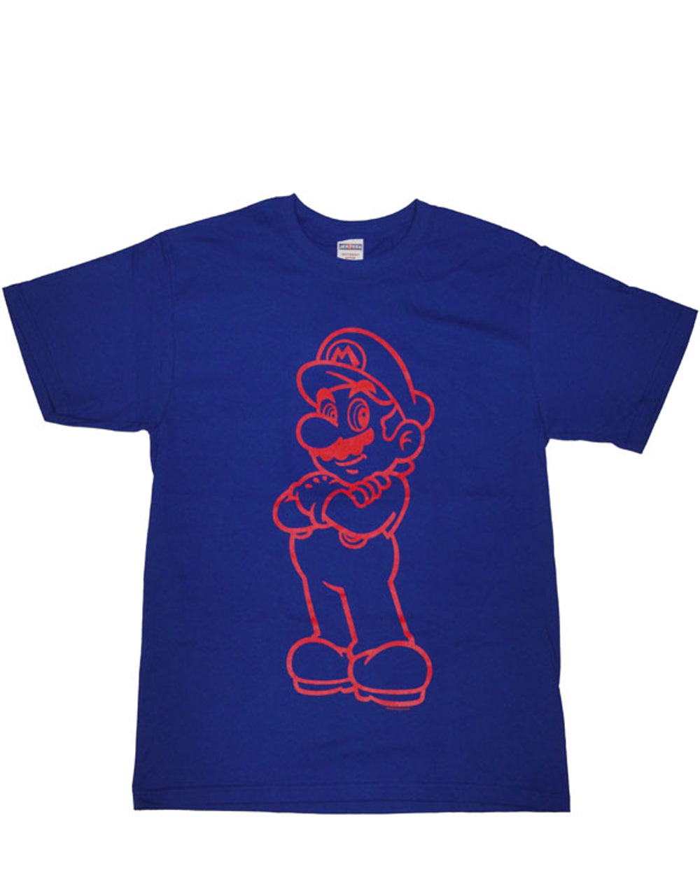 Mario red line art graphic on a blue adult t-shirt.