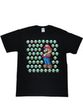 Mario with mushrooms graphic on a black adult t-shirt.