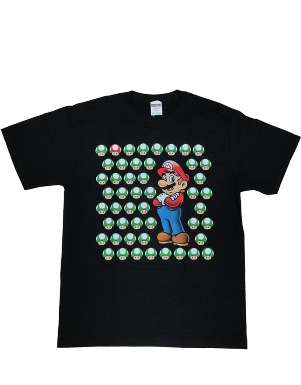 Mario with mushrooms graphic on a black adult t-shirt.