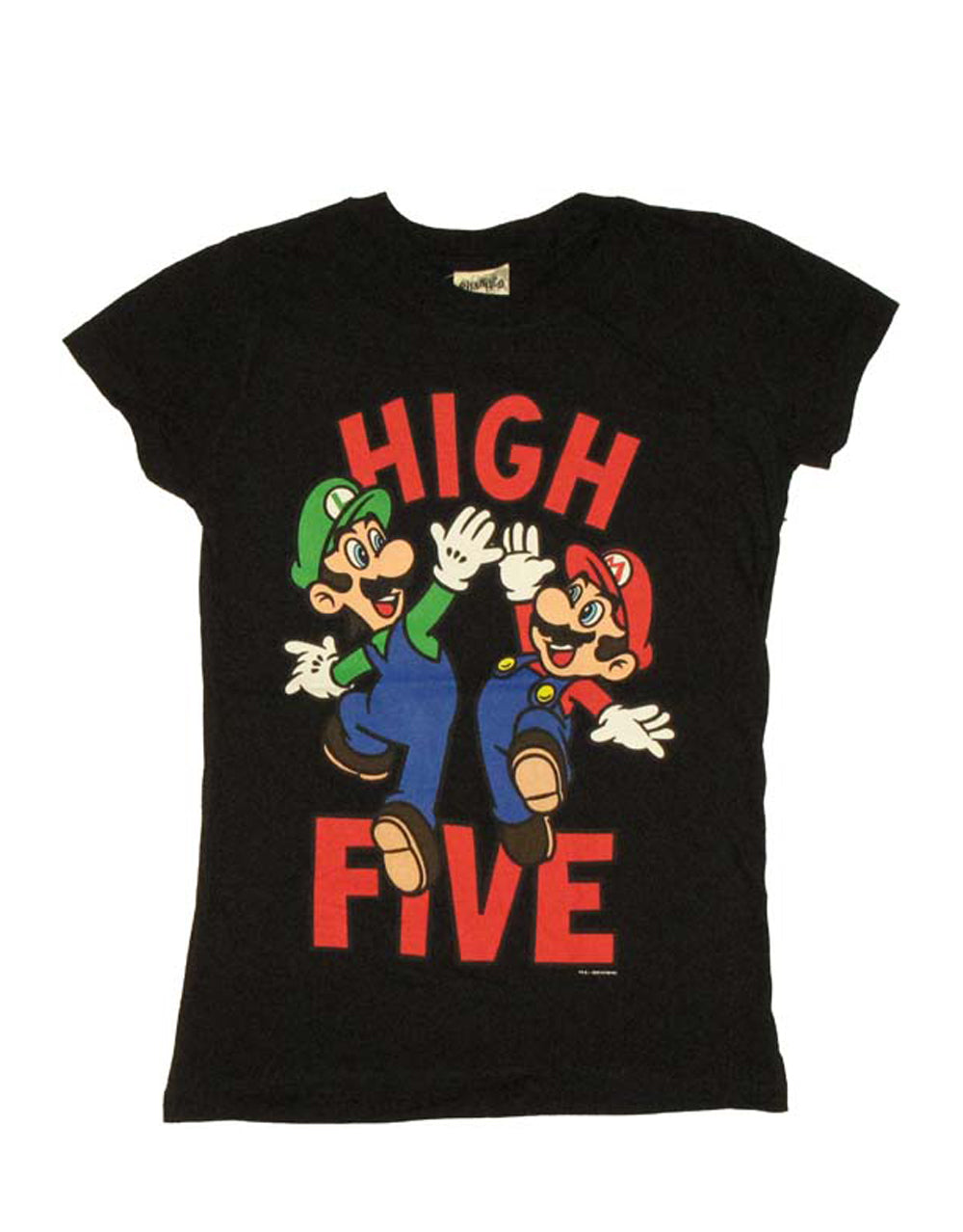 Mario brothers high five graphic on a black women's t-shirt.