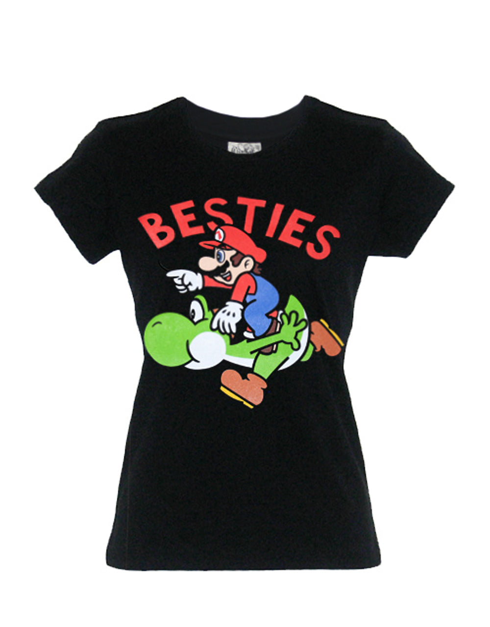 Mario besties graphic on a black women's t-shirt.