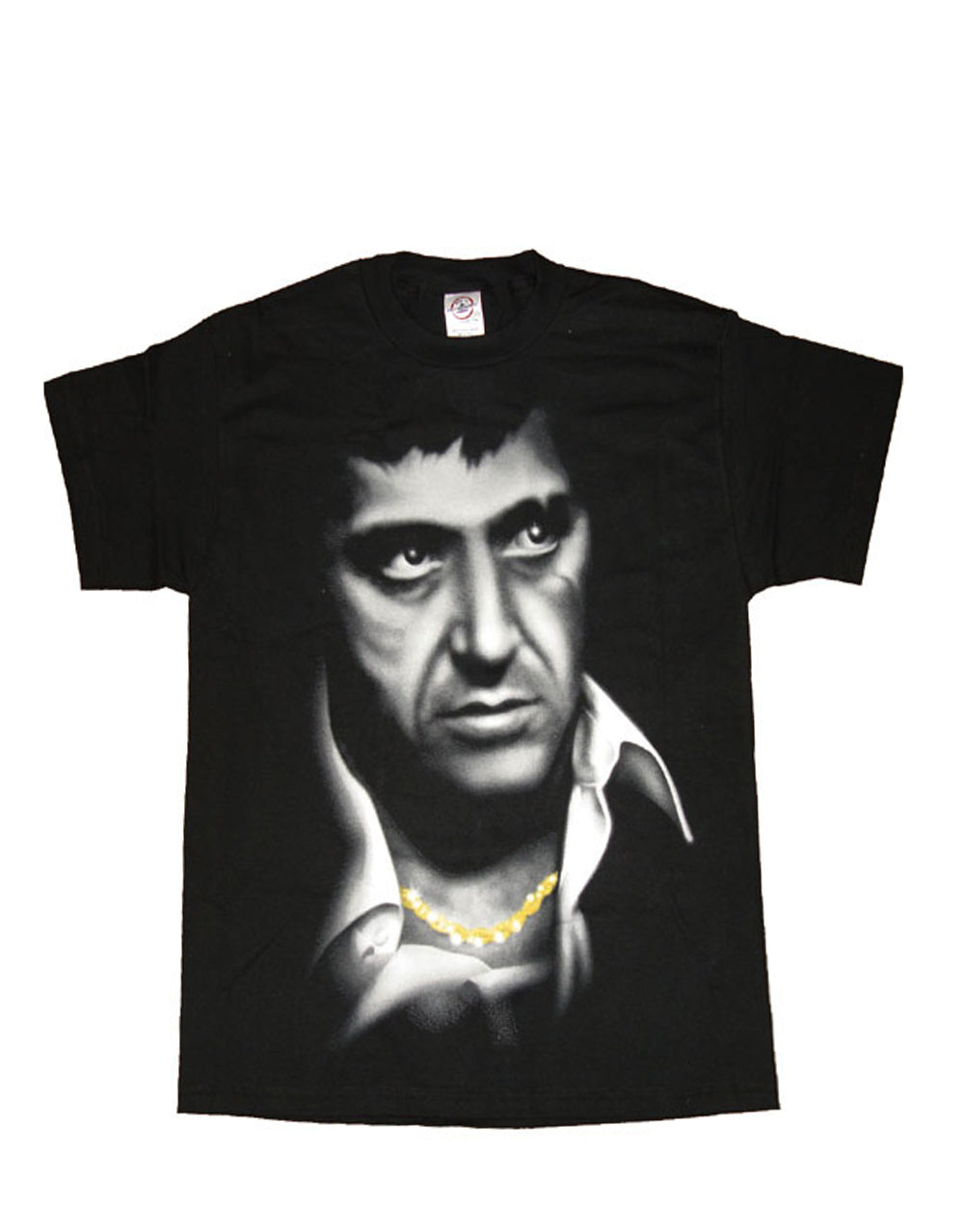 Scarface Tony Montana face graphic on a black adult t-shirt.