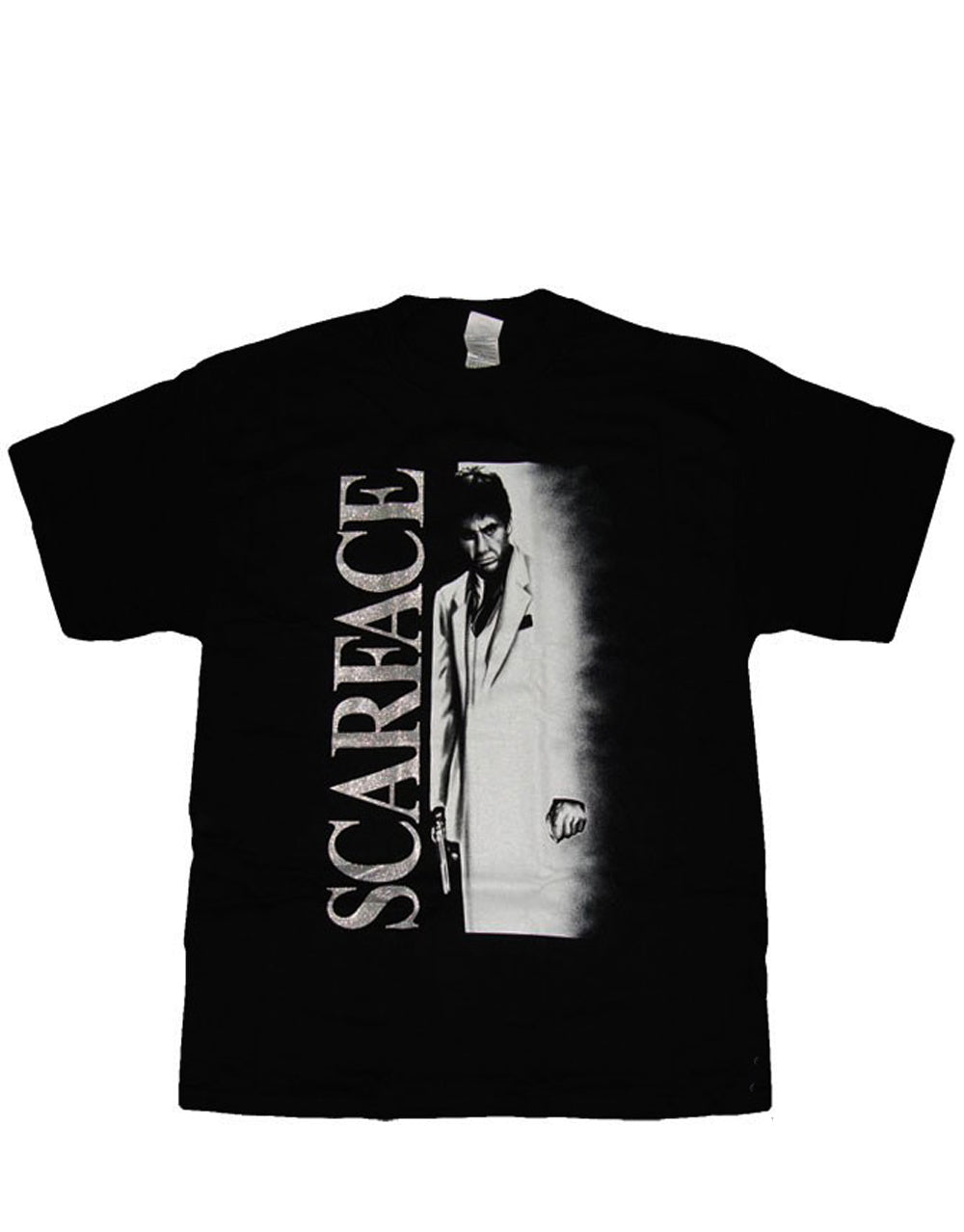 Tony Montana poster graphic on a black adult t-shirt.