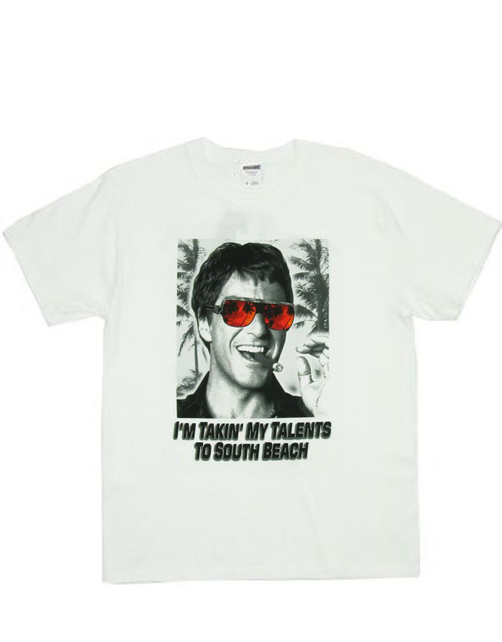 Tony Montana south beach graphic on a white adult t-shirt.