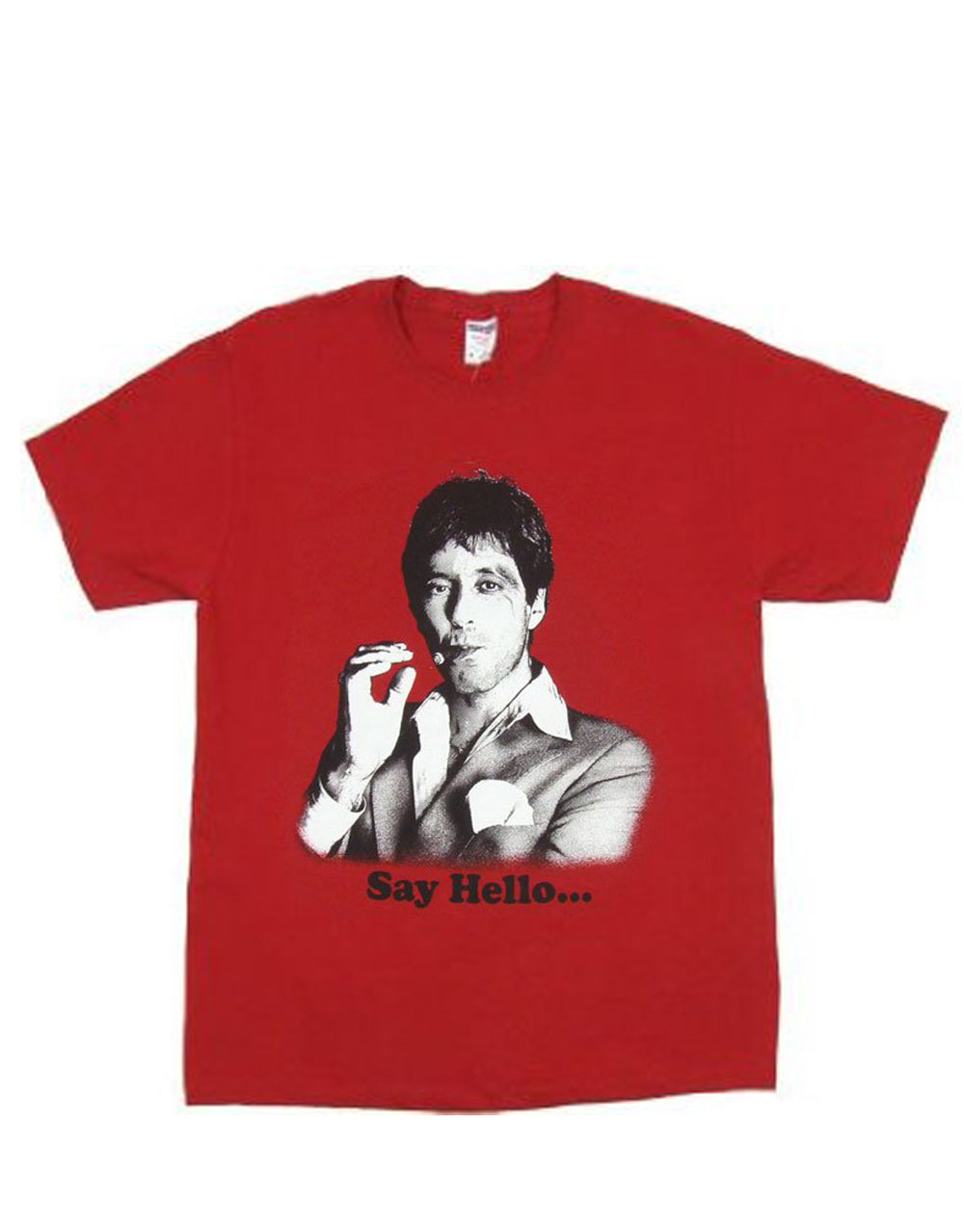 Tony Montana say hello graphic on a red adult t-shirt.