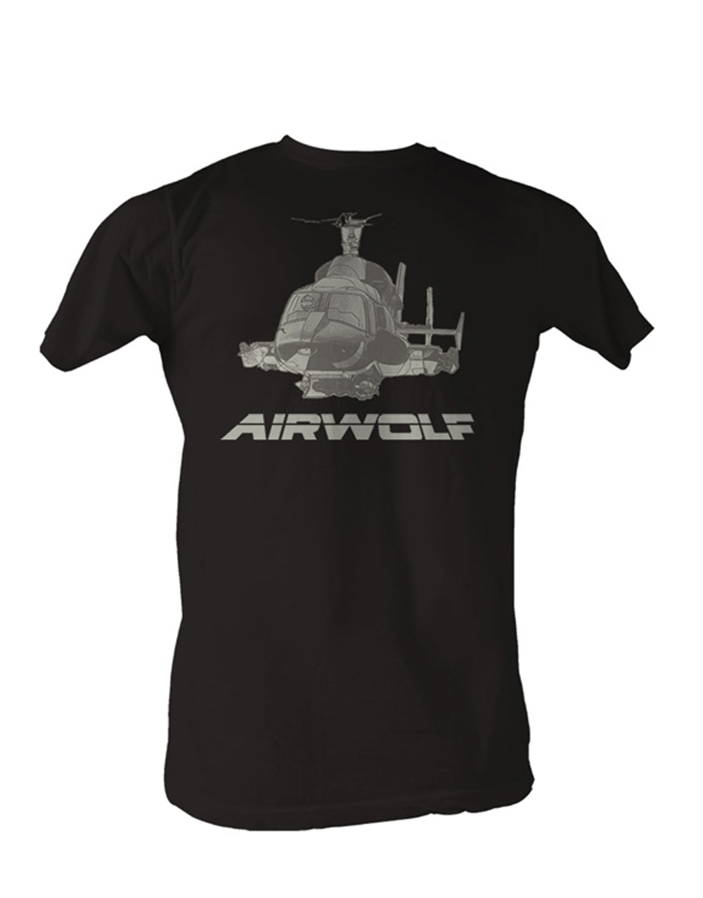 Airwolf helicopter graphic on a black adult t-shirt.