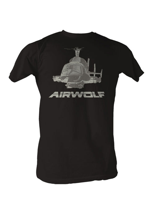 Airwolf helicopter graphic on a black adult t-shirt.