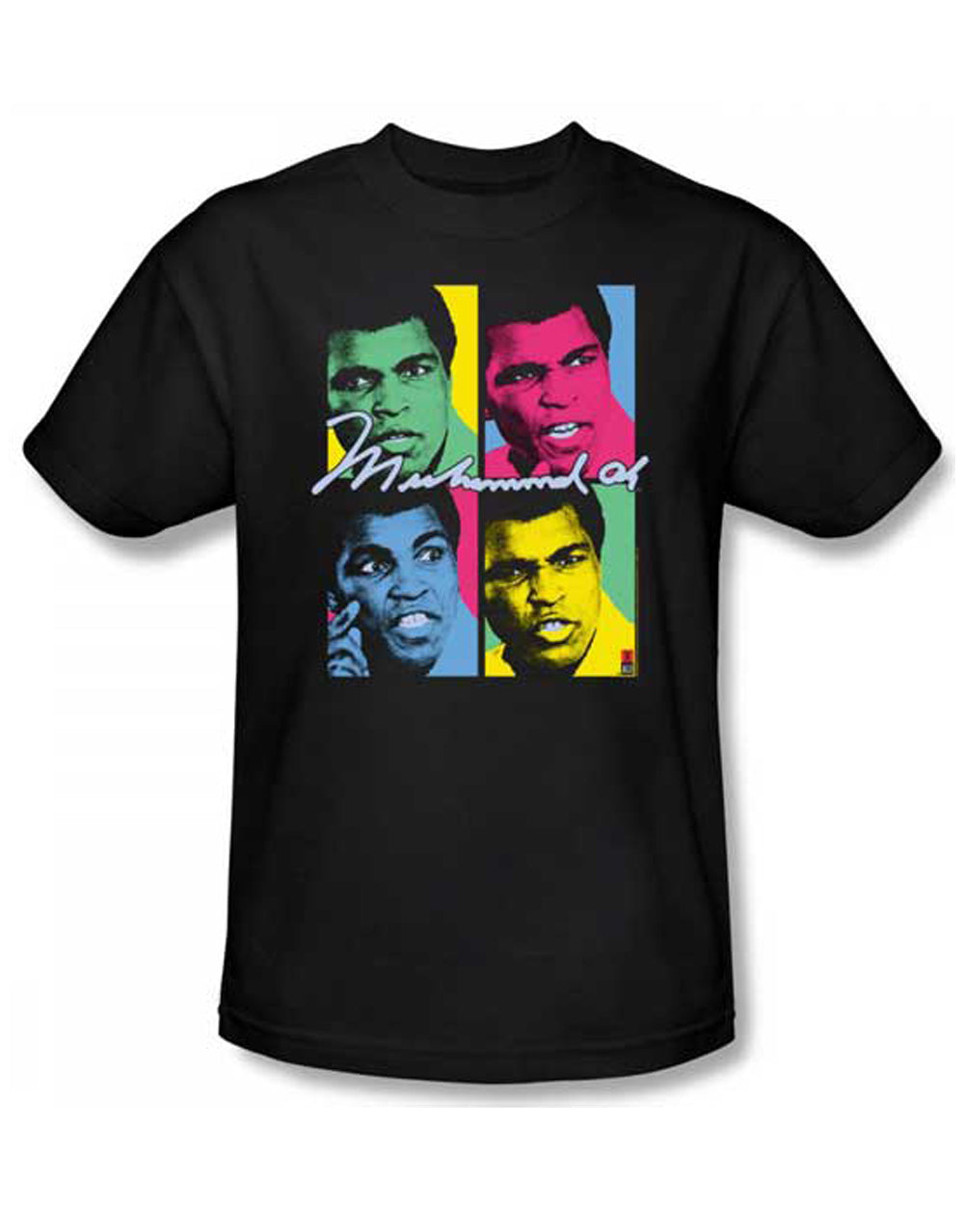 Muhammad Ali boxed graphic on a black adult t-shirt.