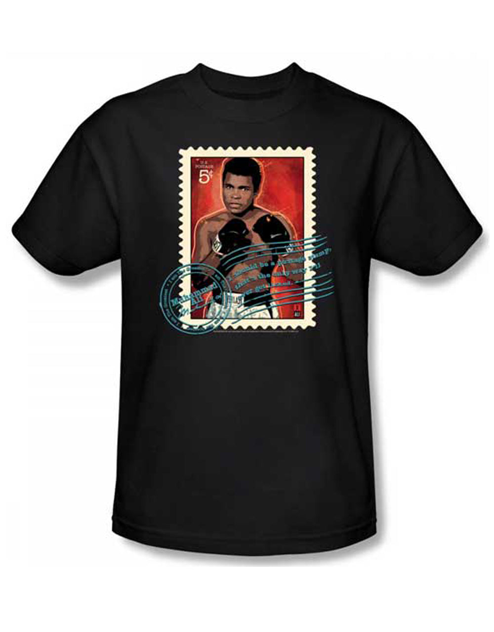 Muhammad Ali stamped graphic on a black adult t-shirt.