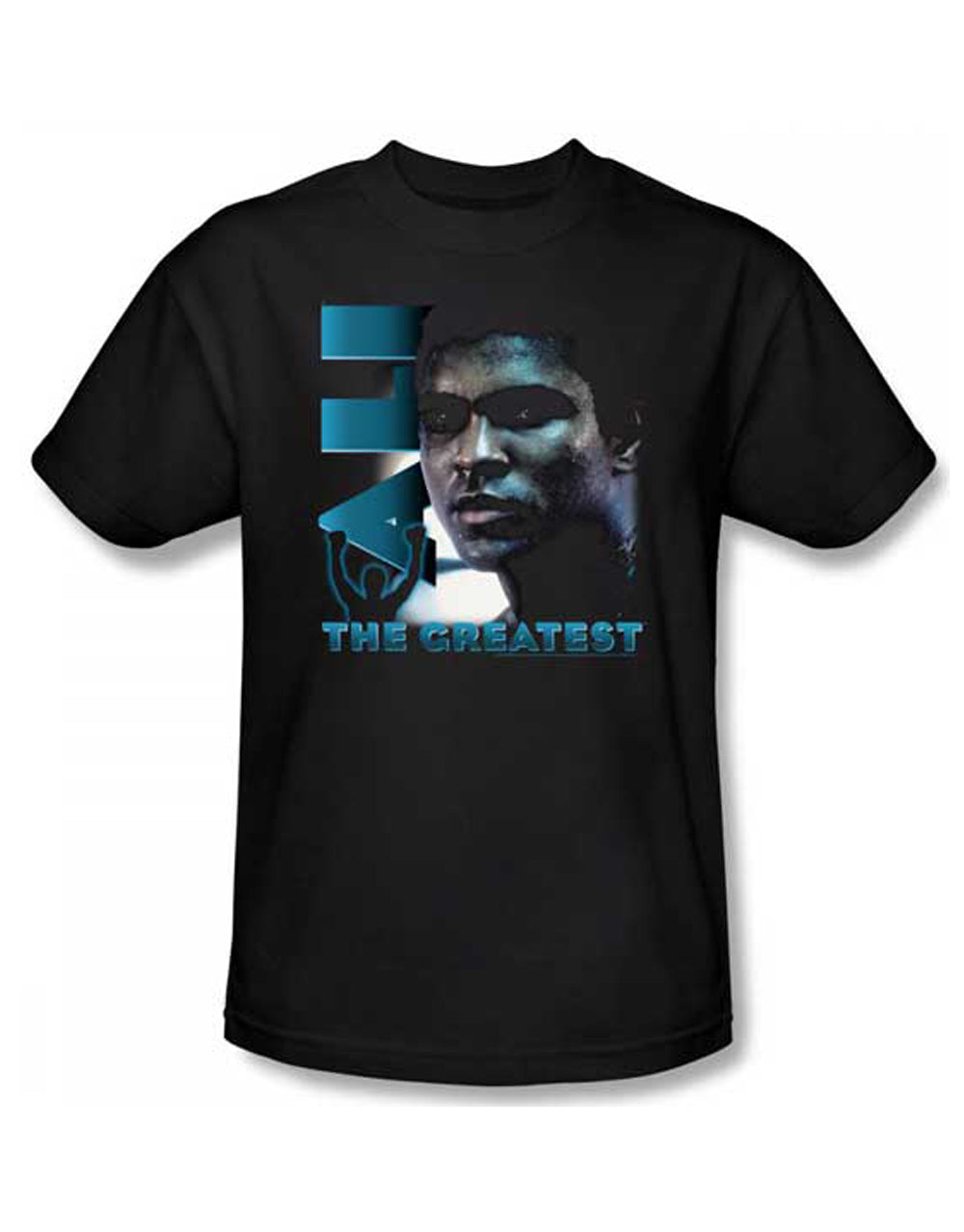 Muhammad Ali sweat equity graphic on a black adult t-shirt.
