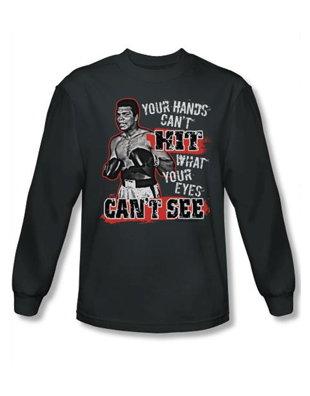 Muhammad Ali can't hit graphic on a charcoal grey adult long sleeve top.