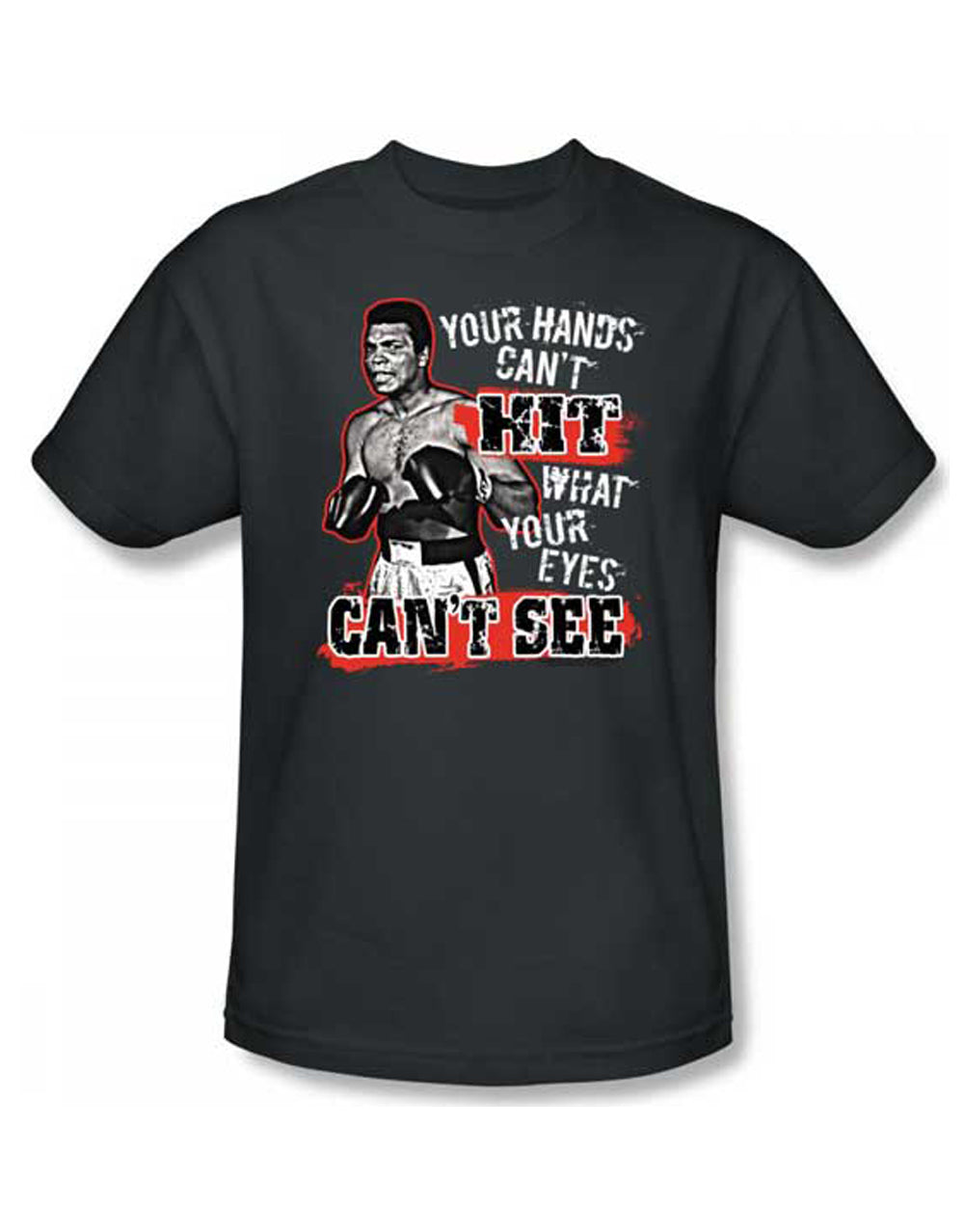 Muhammad Ali can't hit graphic on a charcoal grey adult t-shirt.