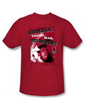 Muhammad Ali rumble graphic on a red adult t-shirt.