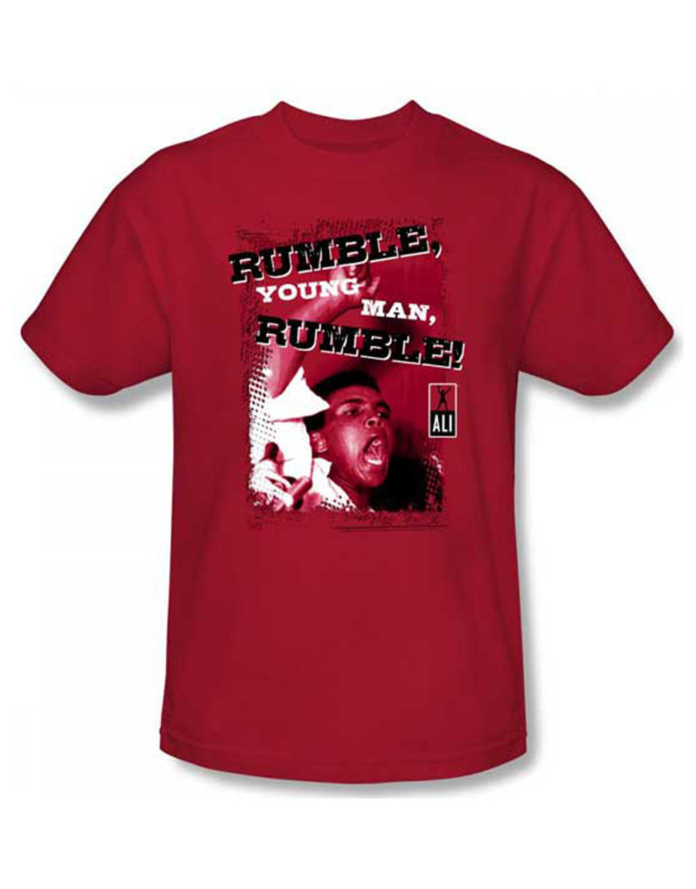 Muhammad Ali rumble graphic on a red adult t-shirt.