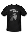 Muhammad Ali back it up graphic on a black adult t-shirt.