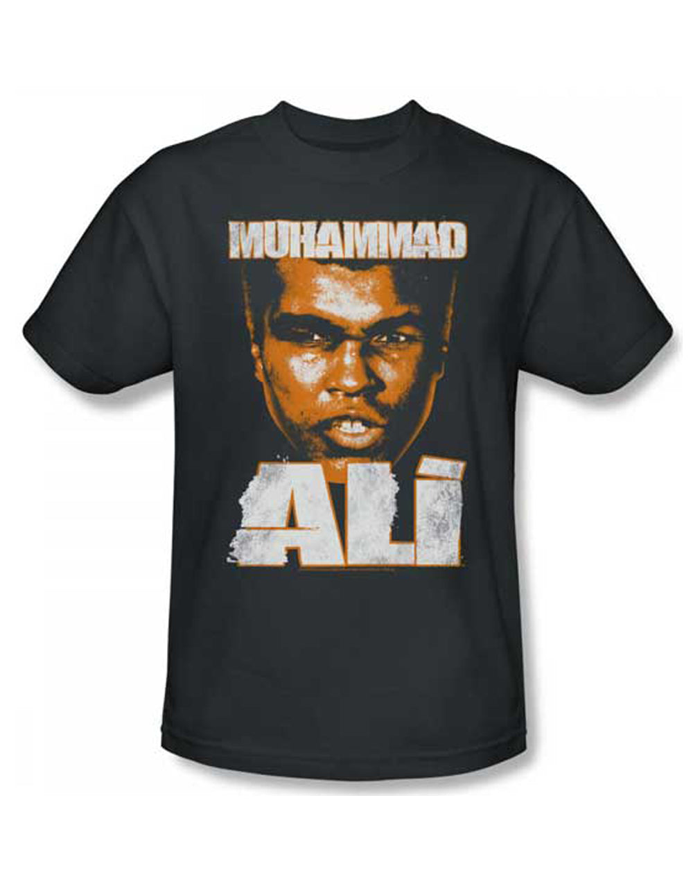 Muhammad Ali angry orange graphic on a charcoal grey adult t-shirt.