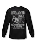 Muhammad Ali poster graphic on a black adult long sleeve top.