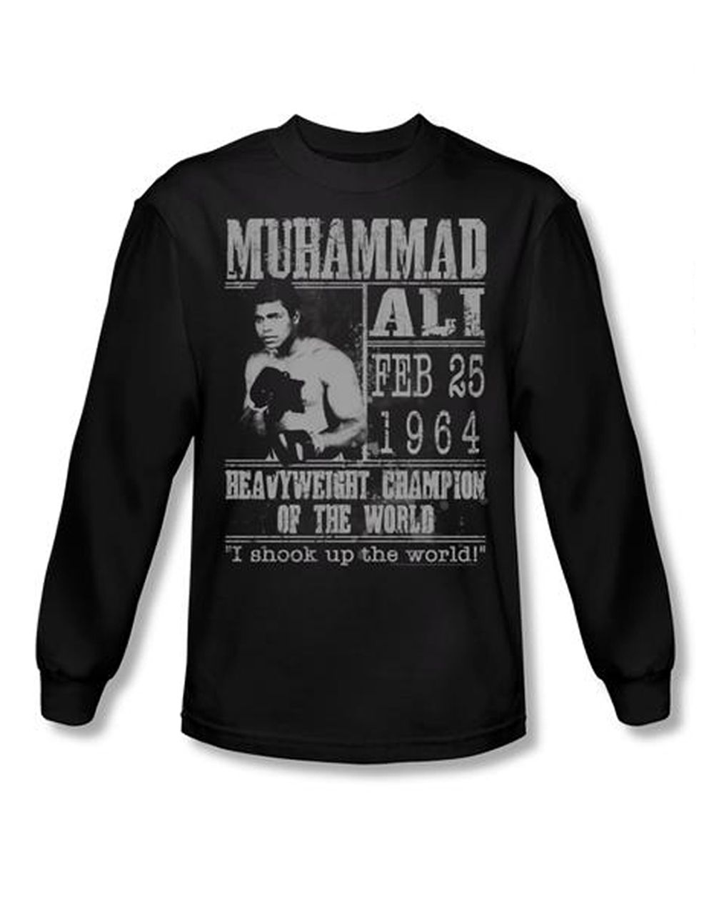 Muhammad Ali poster graphic on a black adult long sleeve top.