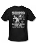 Muhammad Ali poster graphic on a black adult t-shirt.