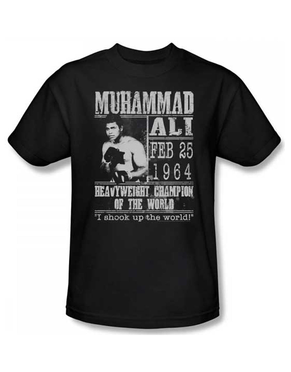 Muhammad Ali poster graphic on a black adult t-shirt.