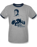 Muhammad Ali sting like a bee graphic on a heathered grey navy ringer adult t-shirt.