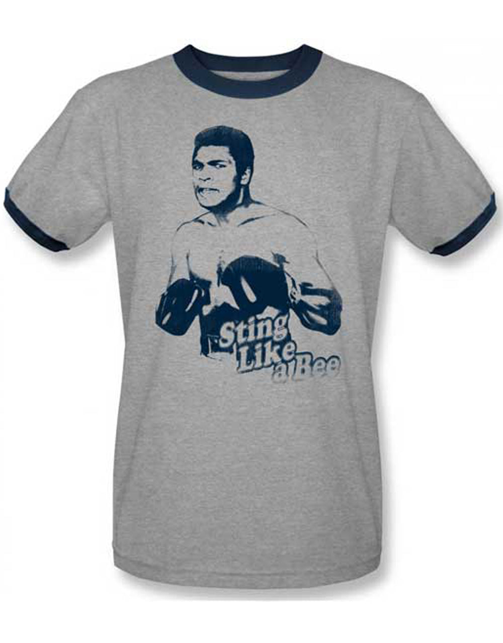 Muhammad Ali sting like a bee graphic on a heathered grey navy ringer adult t-shirt.