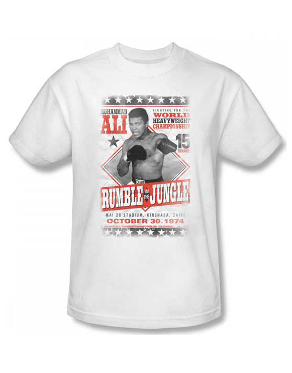 Muhammad Ali rumble poster graphic on a white adult t-shirt.