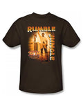 Muhammad Ali victorious graphic on a coffee brown adult t-shirt.