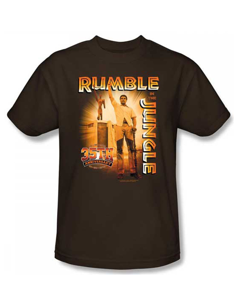 Muhammad Ali victorious graphic on a coffee brown adult t-shirt.