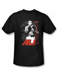 Muhammad Ali ultimate boxer graphic on a black adult t-shirt.