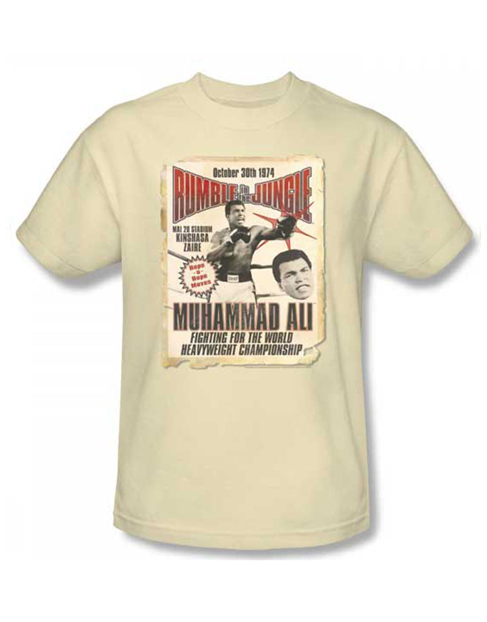 Muhammad Ali rumble poster graphic on a cream adult t-shirt.