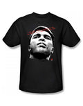 Muhammad Ali wish graphic on a black adult t-shirt.
