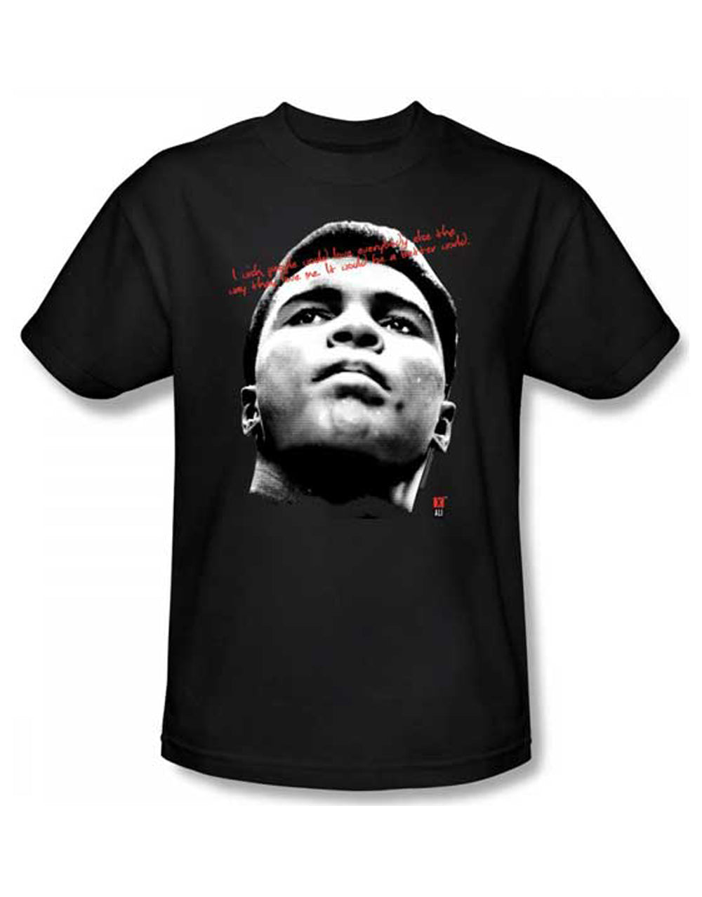 Muhammad Ali wish graphic on a black adult t-shirt.