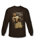 Muhammad Ali apologize graphic on a coffee brown adult long sleeve top.