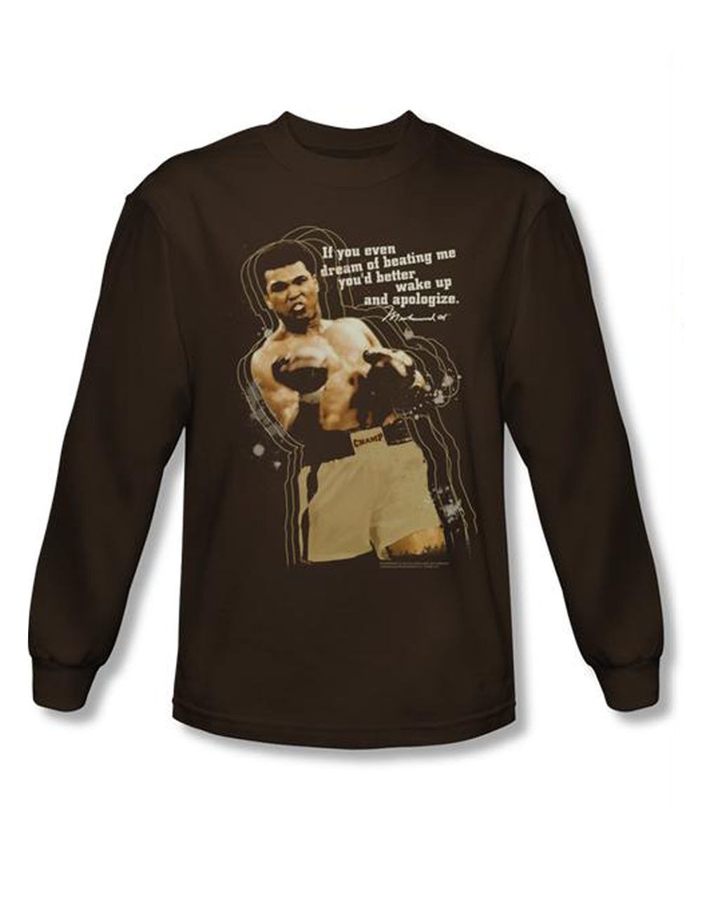 Muhammad Ali apologize graphic on a coffee brown adult long sleeve top.
