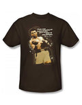 Muhammad Ali apologize graphic on a coffee brown adult t-shirt.
