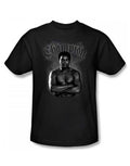 Muhammad Ali champion graphic on a black adult t-shirt.