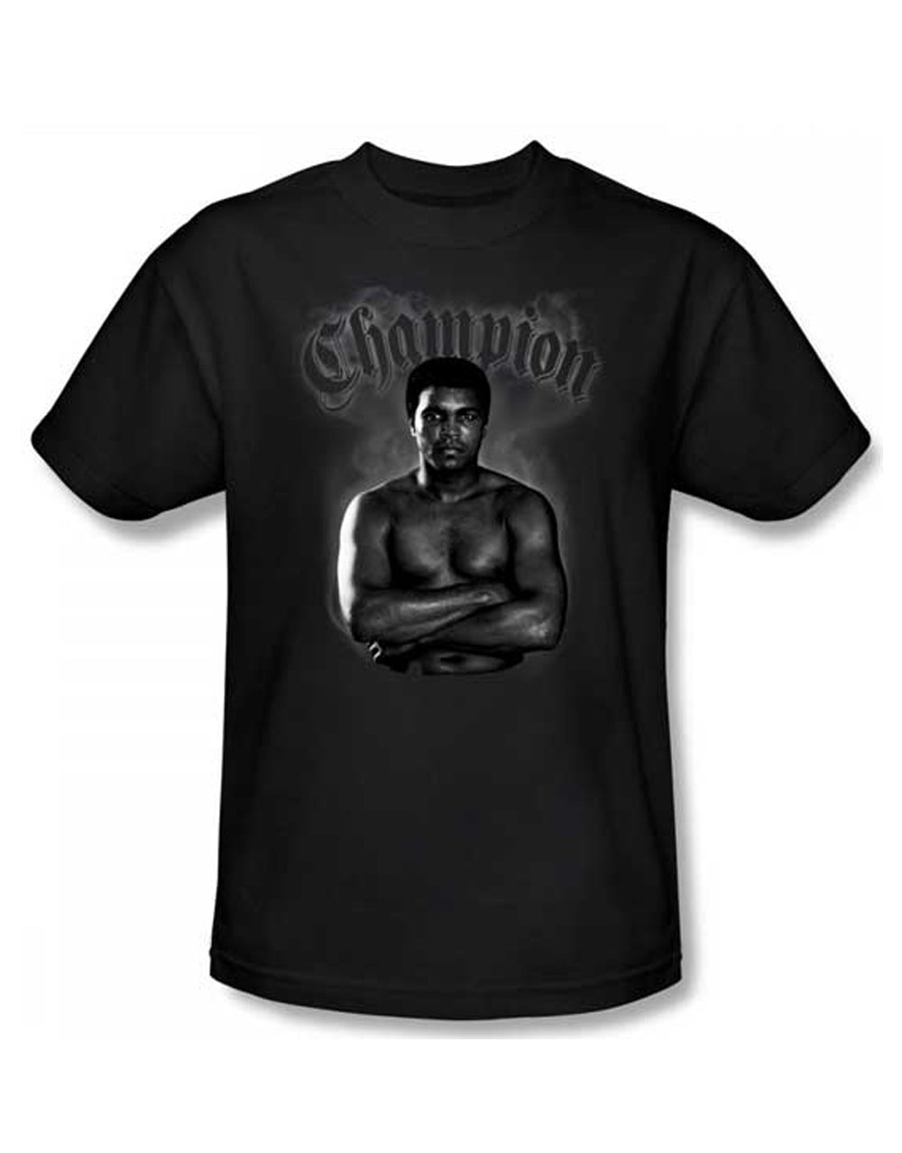 Muhammad Ali champion graphic on a black adult t-shirt.