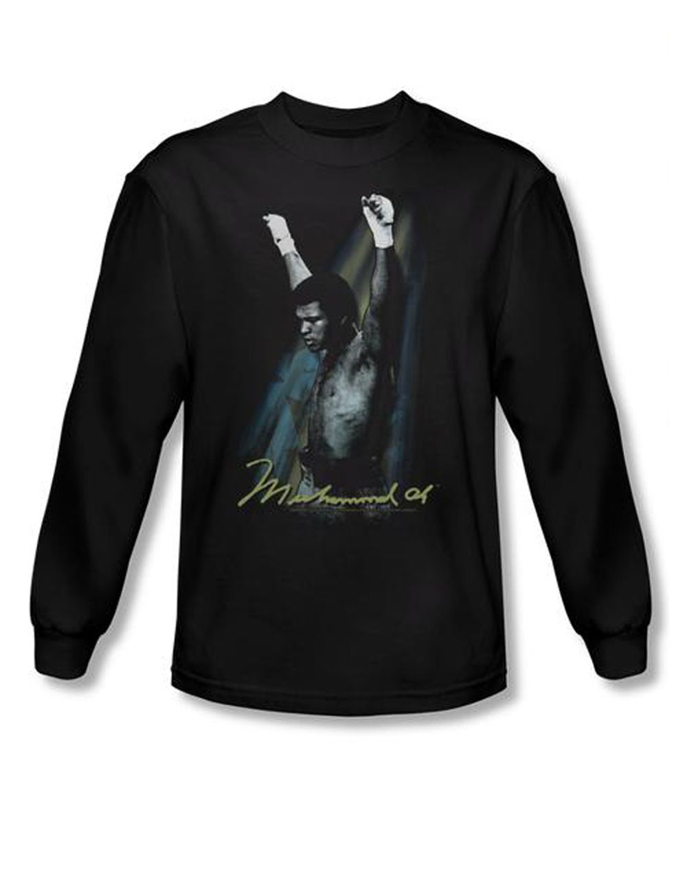 Muhammad Ali raised fists graphic on a black adult long sleeve top.