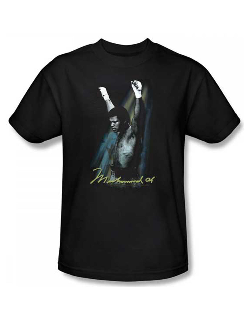Muhammad Ali raised fists graphic on a black adult t-shirt.