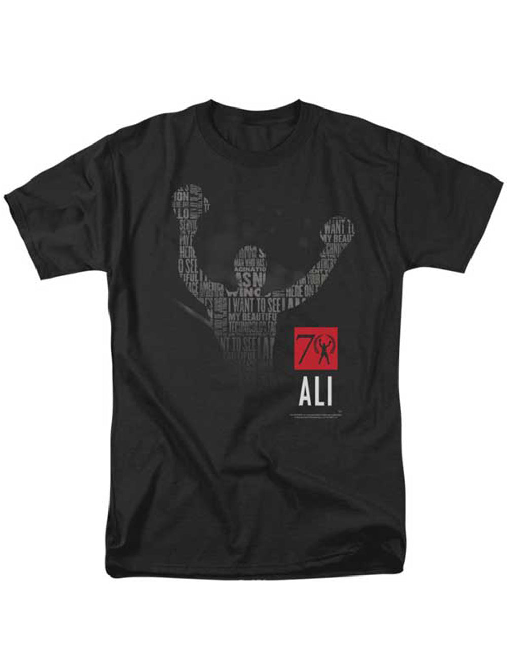 Muhammad Ali 70 arms raised graphic on a black adult t-shirt.