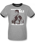 Muhammad Ali ready to fight graphic on a heathered grey black ringer adult t-shirt.