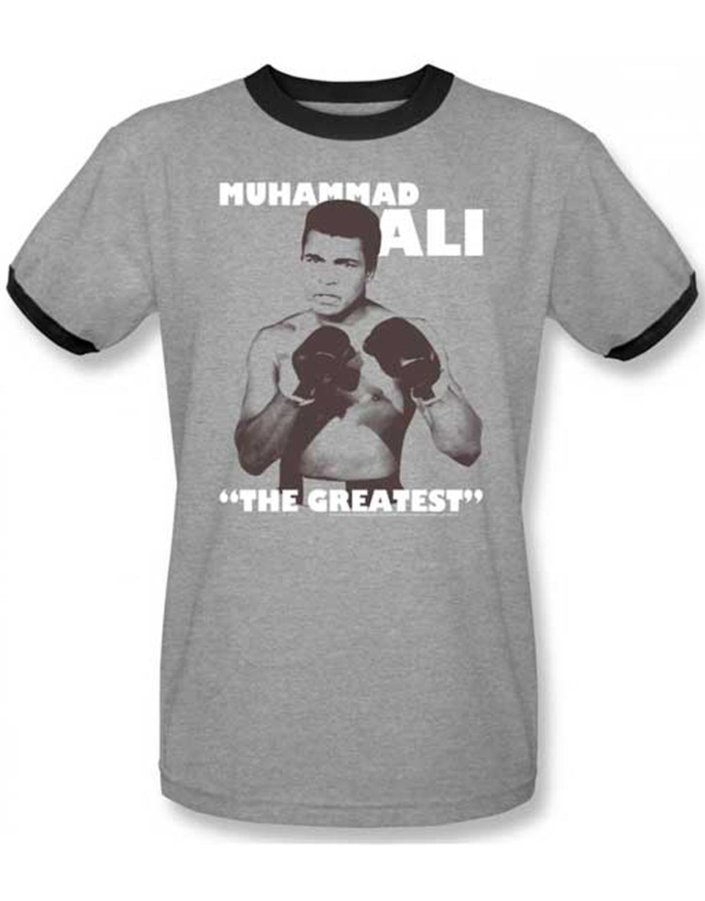 Muhammad Ali ready to fight graphic on a heathered grey black ringer adult t-shirt.